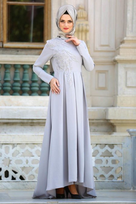 Neva Style - Pileli Gri Tesettür Abiye Elbise 3520GR