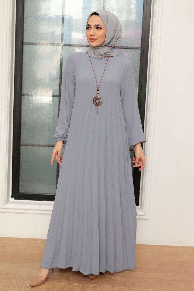 Neva Style - Pileli Gri Tesettür Elbise 30280GR - 1