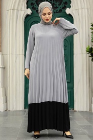 Neva Style - Pileli Gri Tesettür Elbise 76841GR - Thumbnail
