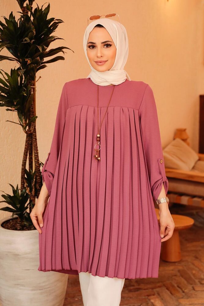 Neva Style - Pileli Gül Kurusu Tesettür Tunik 40502GK - 1