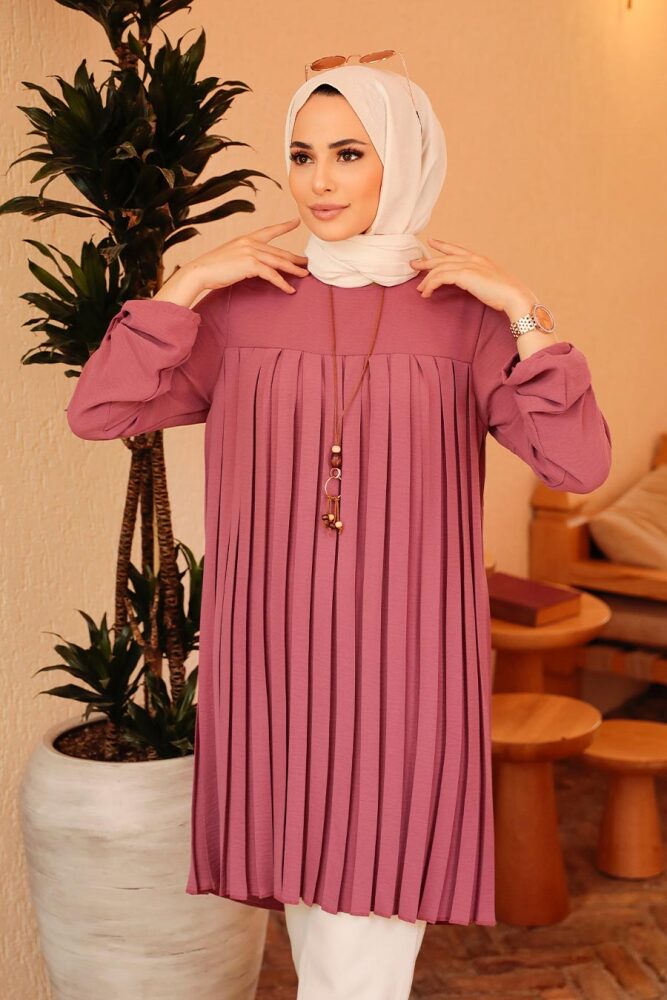 Neva Style - Pileli Gül Kurusu Tesettür Tunik 40502GK - 3