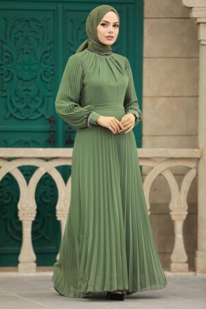 Neva Style - Pileli Haki Tesettür Elbise 38510HK - 1