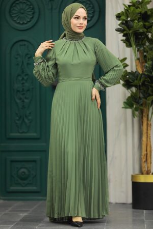 Neva Style - Pileli Haki Tesettür Elbise 38510HK - 2