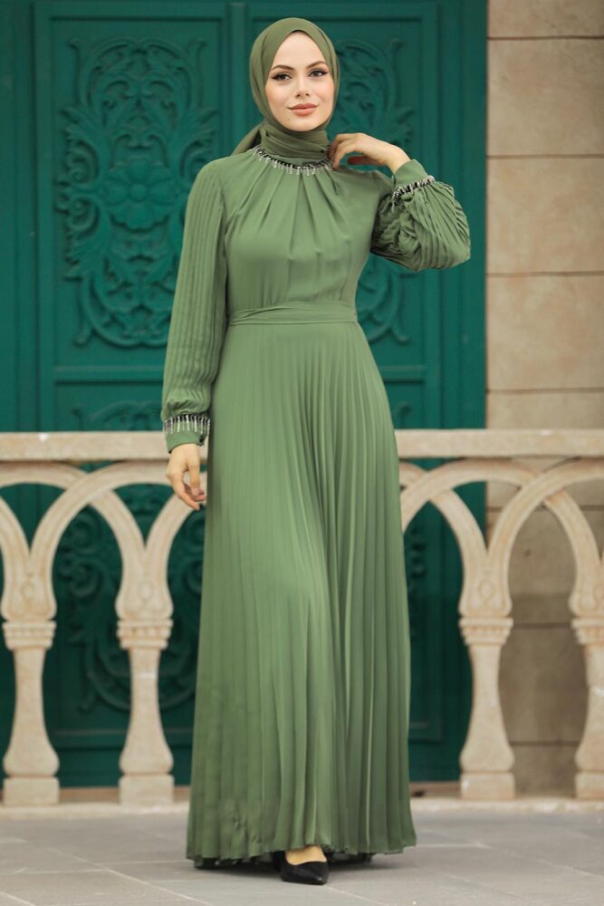 Neva Style - Pileli Haki Tesettür Elbise 38510HK - 3