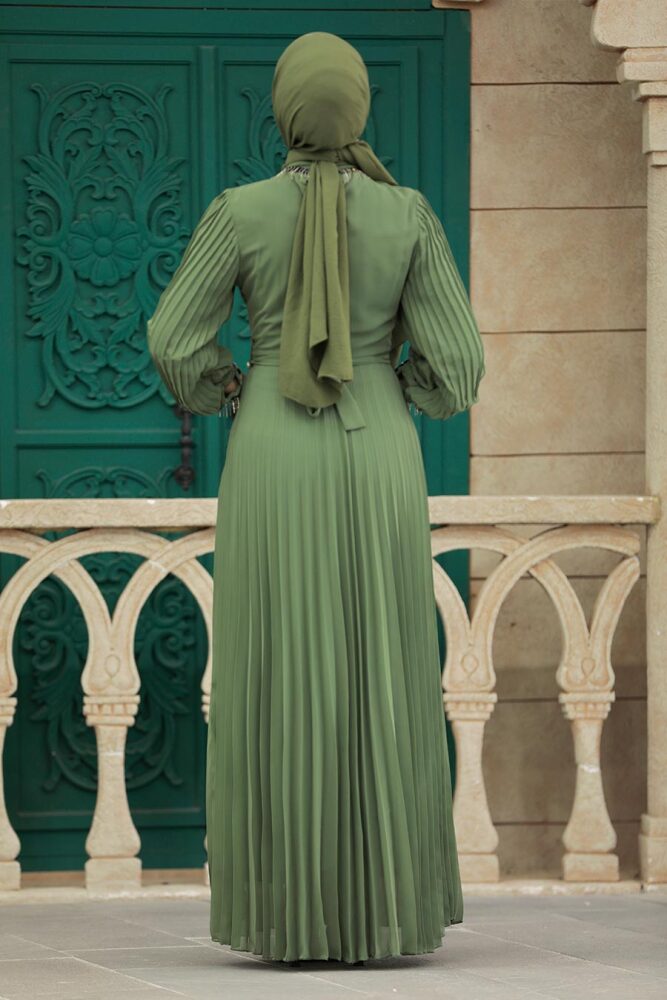 Neva Style - Pileli Haki Tesettür Elbise 38510HK - 4