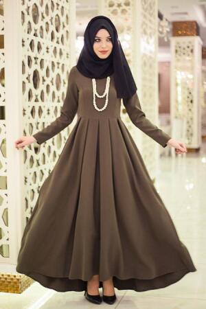 Neva Style - Pileli Haki Tesettür Elbise 41100HK - 1