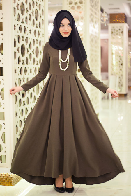 Neva Style - Pileli Haki Tesettür Elbise 41100HK