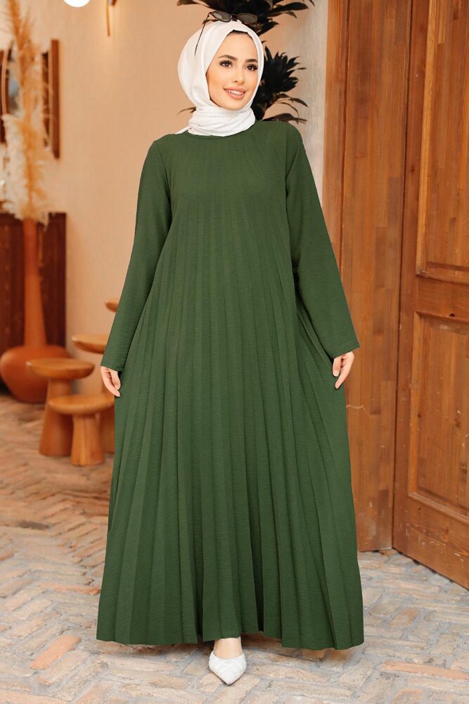 Neva Style - Pileli Haki Tesettür Elbise 76840HK - 1