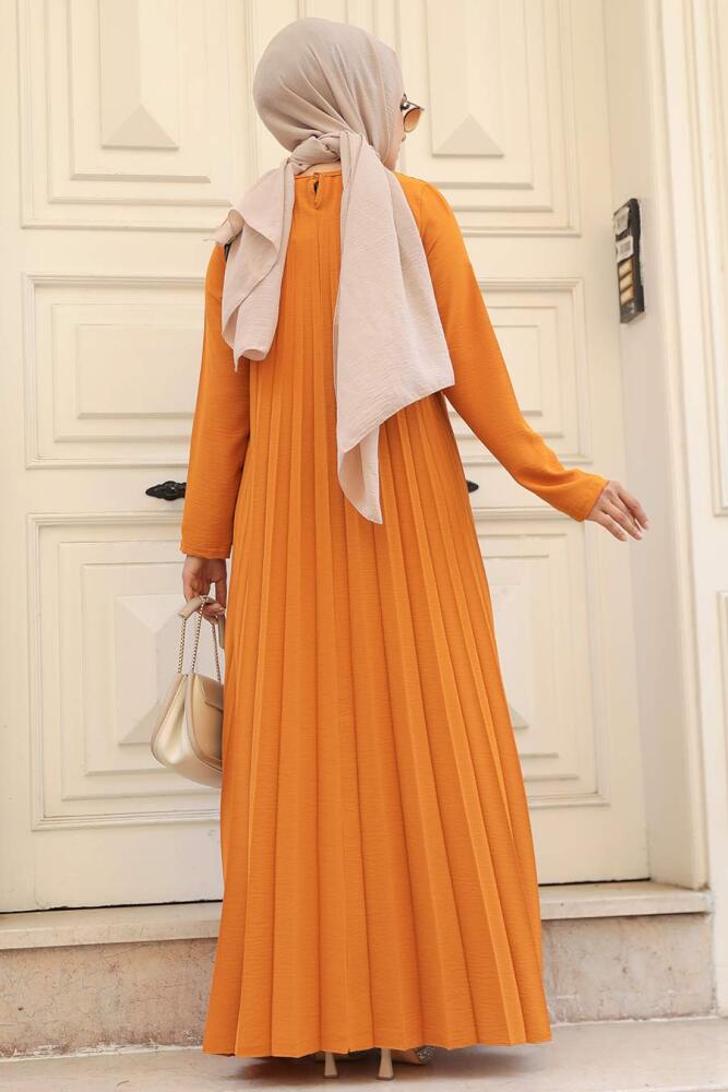 Neva Style - Pileli Hardal Tesettür Elbise 76840HR - 3