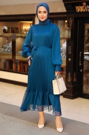 Neva Style - Pileli İndigo Mavisi Tesettür Elbise 2344IM - Thumbnail