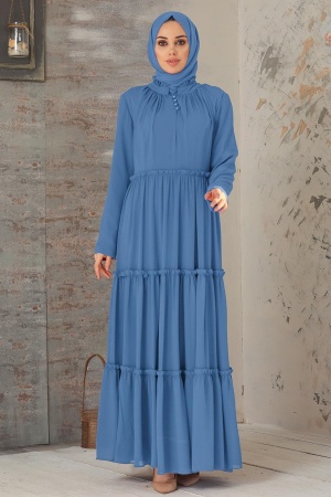 Neva Style - Pileli İndigo Mavisi Tesettür Elbise 2746IM - 1