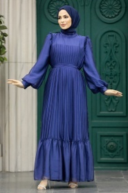 Neva Style - Pileli İndigo Mavisi Tesettür Elbise 39651IM - Thumbnail