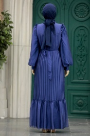Neva Style - Pileli İndigo Mavisi Tesettür Elbise 39651IM - Thumbnail