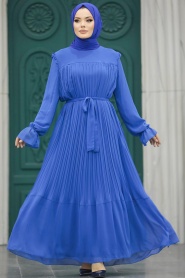 Neva Style - Pileli İndigo Mavisi Tesettür Elbise 51634IM - Thumbnail