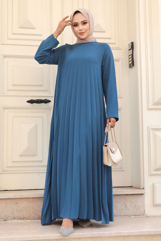 Neva Style - Pileli İndigo Mavisi Tesettür Elbise 76840IM - 2