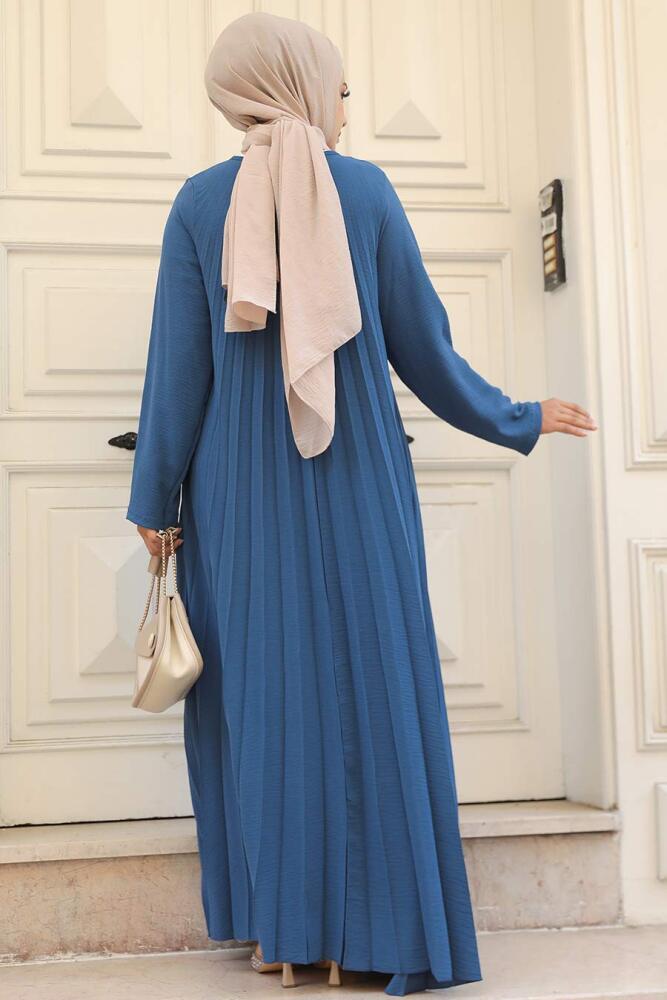 Neva Style - Pileli İndigo Mavisi Tesettür Elbise 76840IM - 3