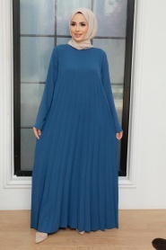 Neva Style - Pileli İndigo Mavisi Tesettür Elbise 76840IM - Thumbnail
