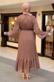 Neva Style - Pileli Kahverengi Tesettür Elbise 2344KH - Thumbnail