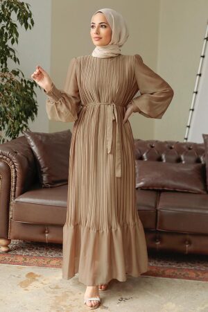 Neva Style - Pileli Kahverengi Tesettür Elbise 3747KH - 1
