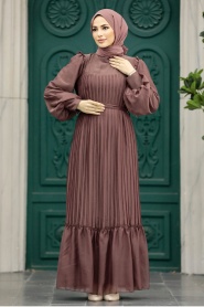 Neva Style - Pileli Kahverengi Tesettür Elbise 39651KH - Thumbnail
