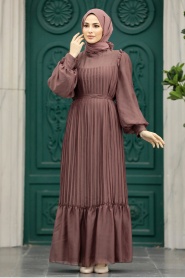 Neva Style - Pileli Kahverengi Tesettür Elbise 39651KH - Thumbnail