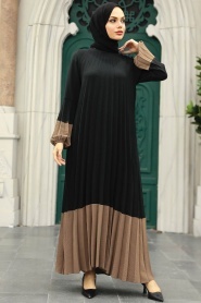 Neva Style - Pileli Kahverengi Tesettür Elbise 76842KH - Thumbnail