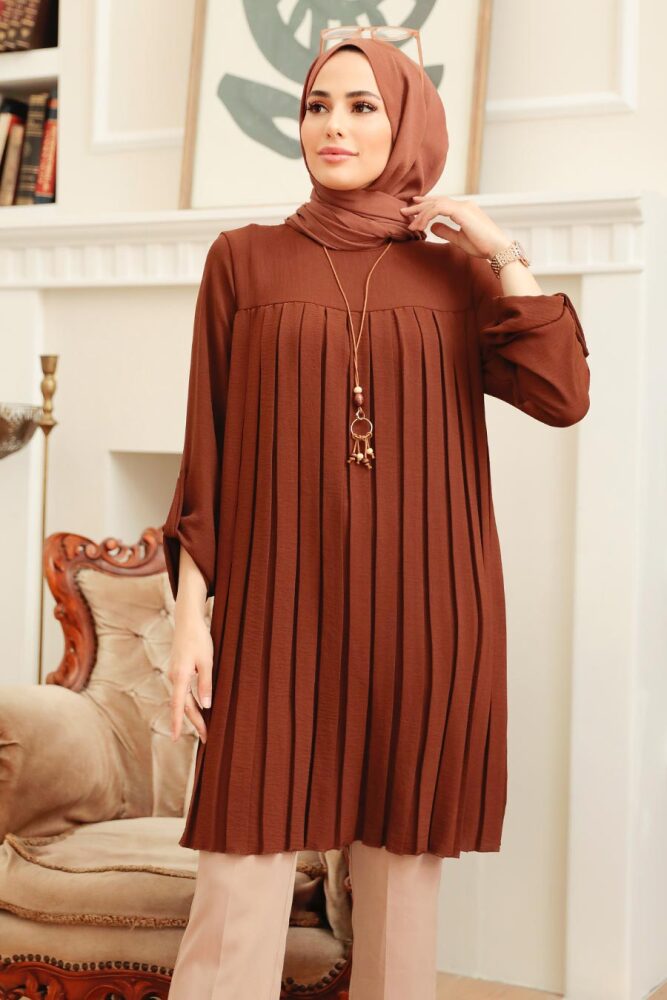 Neva Style - Pileli Kahverengi Tesettür Tunik 40502KH - 3