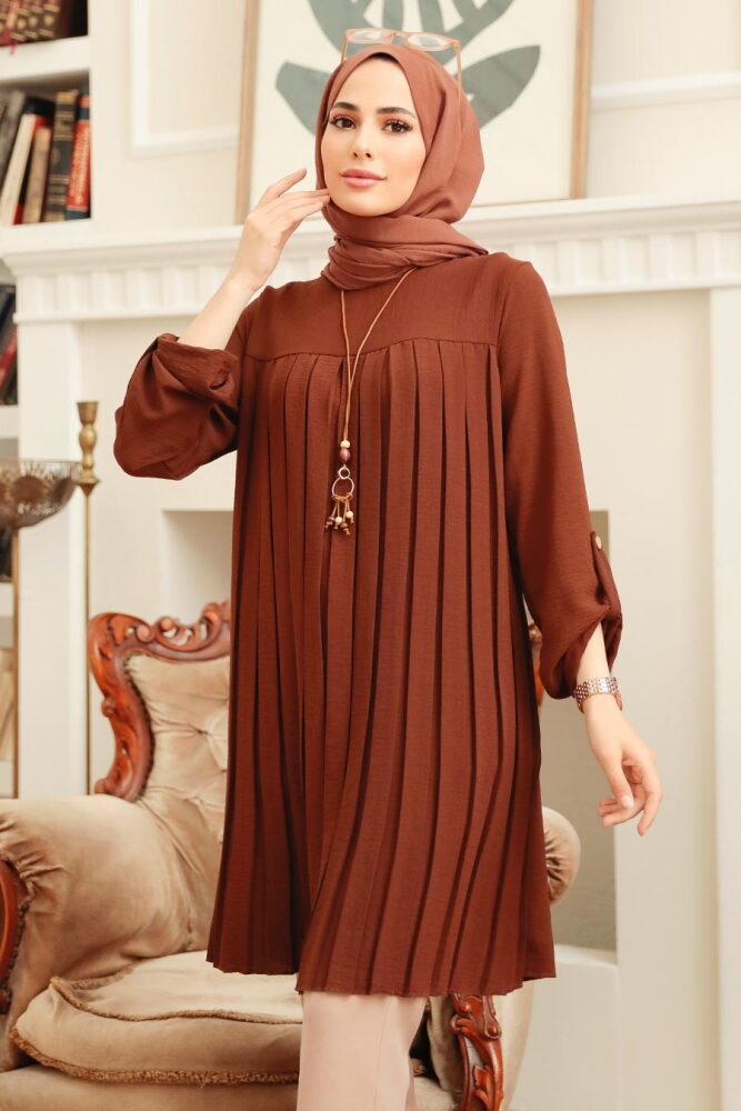 Neva Style - Pileli Kahverengi Tesettür Tunik 40502KH - 1