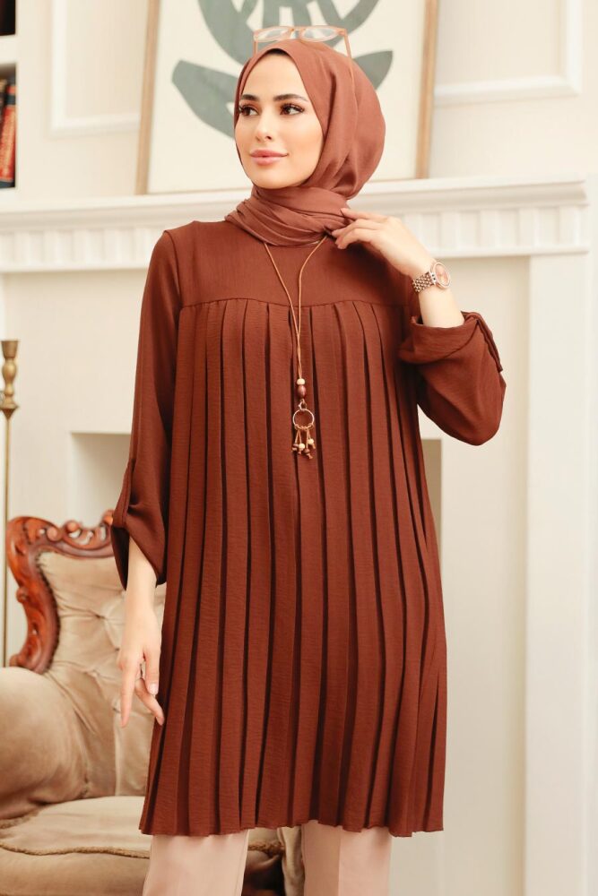 Neva Style - Pileli Kahverengi Tesettür Tunik 40502KH - 2