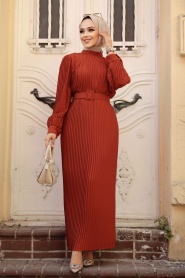Neva Style - Pileli Kiremit Tesettür Elbise 3369KRMT - Thumbnail