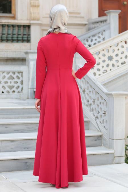 Neva Style - Pileli Kırmızı Tesettür Elbise 41100K - 2