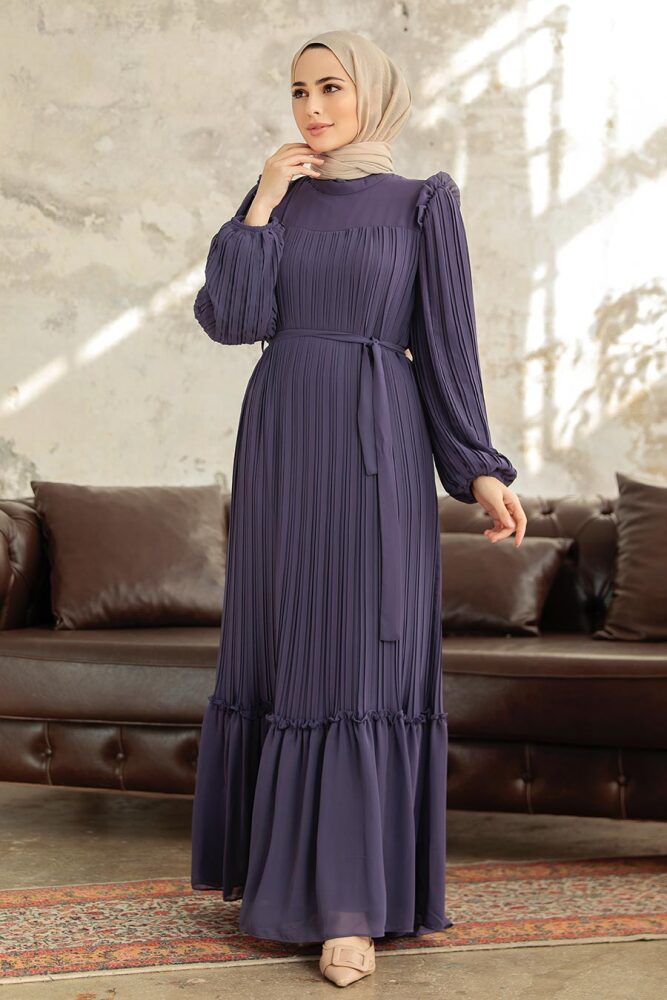 Neva Style - Pileli Koyu Lila Tesettür Elbise 3958KLILA - 3