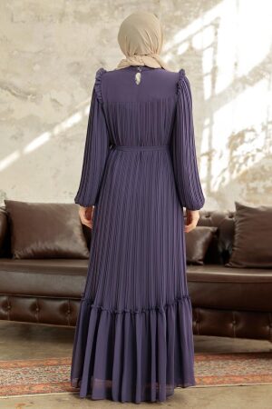 Neva Style - Pileli Koyu Lila Tesettür Elbise 3958KLILA - 4