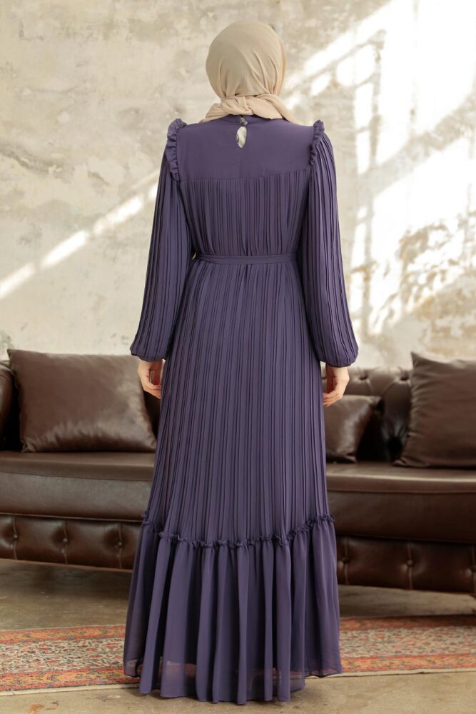 Neva Style - Pileli Koyu Lila Tesettür Elbise 3958KLILA - 4