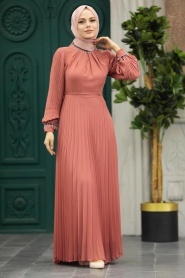 Neva Style - Pileli Koyu Somon Tesettür Elbise 38510KSMN - Thumbnail