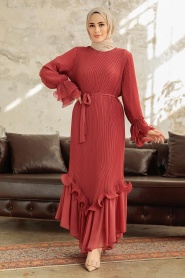 Neva Style - Pileli Koyu Somon Tesettür Elbise 3856KSMN - Thumbnail