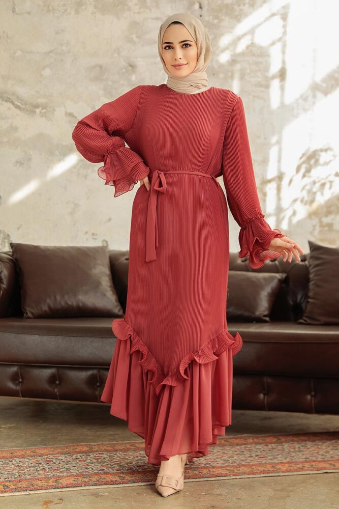 Neva Style - Pileli Koyu Somon Tesettür Elbise 3856KSMN - 1