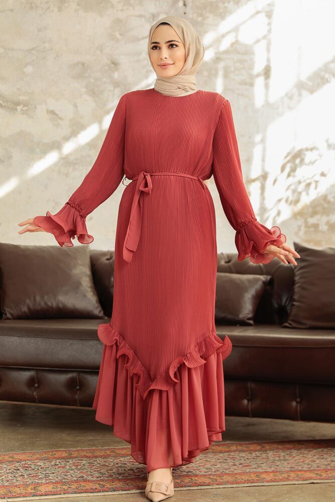 Neva Style - Pileli Koyu Somon Tesettür Elbise 3856KSMN - 2
