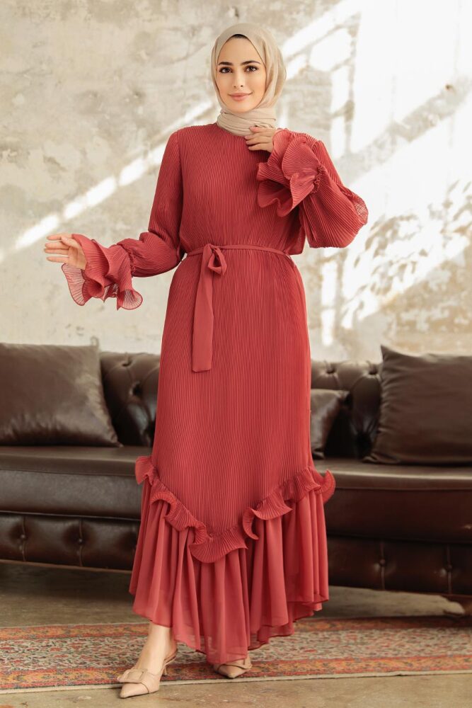 Neva Style - Pileli Koyu Somon Tesettür Elbise 3856KSMN - 3
