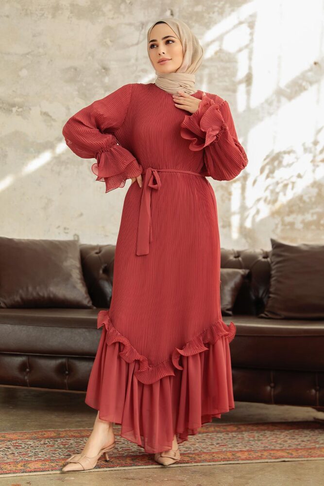 Neva Style - Pileli Koyu Somon Tesettür Elbise 3856KSMN - 4