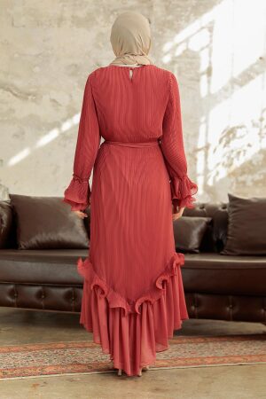 Neva Style - Pileli Koyu Somon Tesettür Elbise 3856KSMN - 5