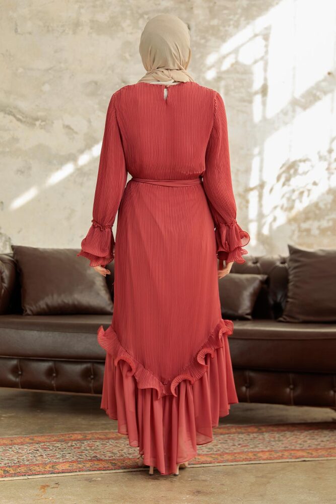 Neva Style - Pileli Koyu Somon Tesettür Elbise 3856KSMN - 5
