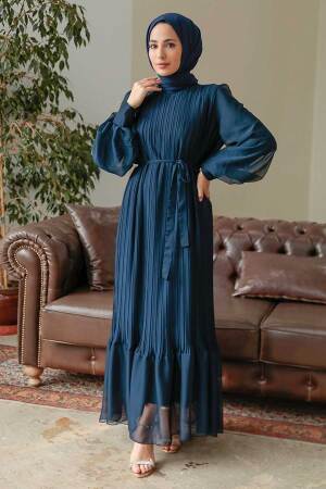 Neva Style - Pileli Lacivert Tesettür Elbise 3747L - 1
