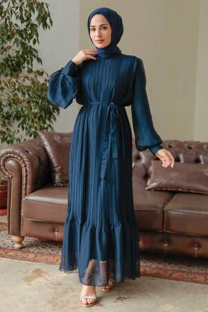Neva Style - Pileli Lacivert Tesettür Elbise 3747L - 2