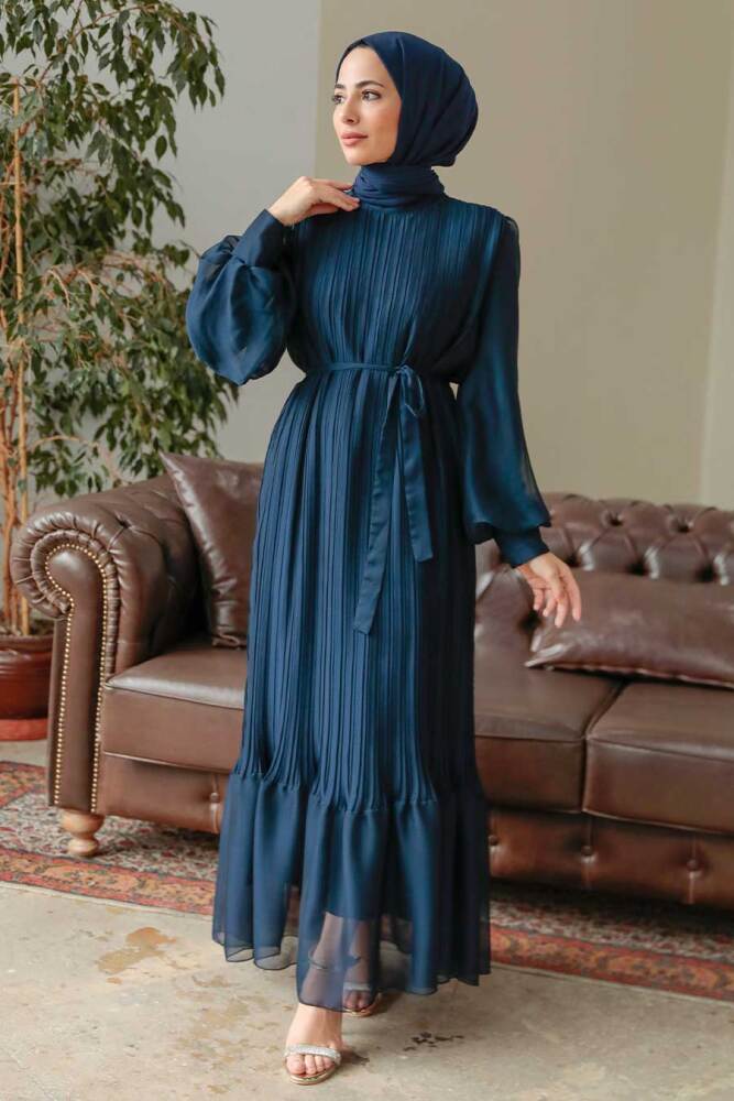 Neva Style - Pileli Lacivert Tesettür Elbise 3747L - 3