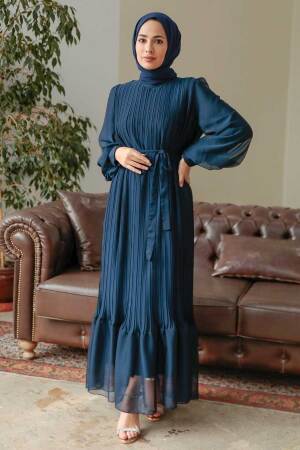 Neva Style - Pileli Lacivert Tesettür Elbise 3747L - 4