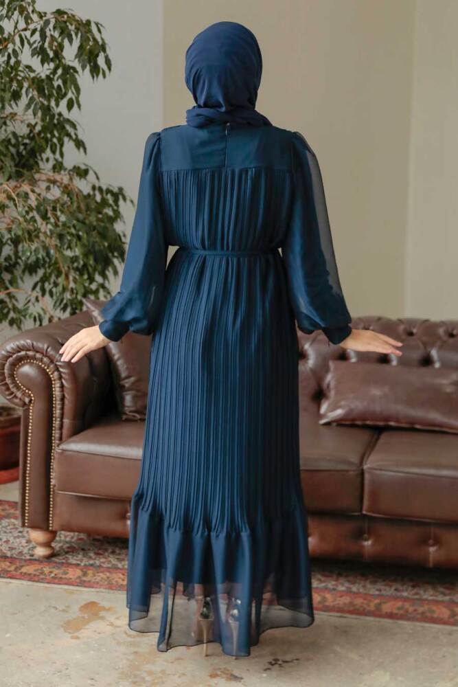 Neva Style - Pileli Lacivert Tesettür Elbise 3747L - 5