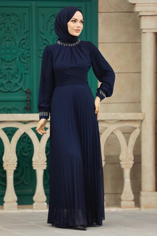 Neva Style - Pileli Lacivert Tesettür Elbise 38510L - 2
