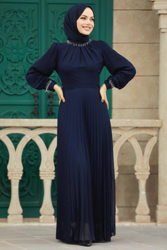 Neva Style - Pileli Lacivert Tesettür Elbise 38510L - 1