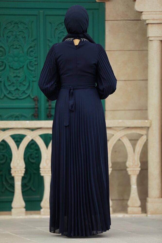 Neva Style - Pileli Lacivert Tesettür Elbise 38510L - 3
